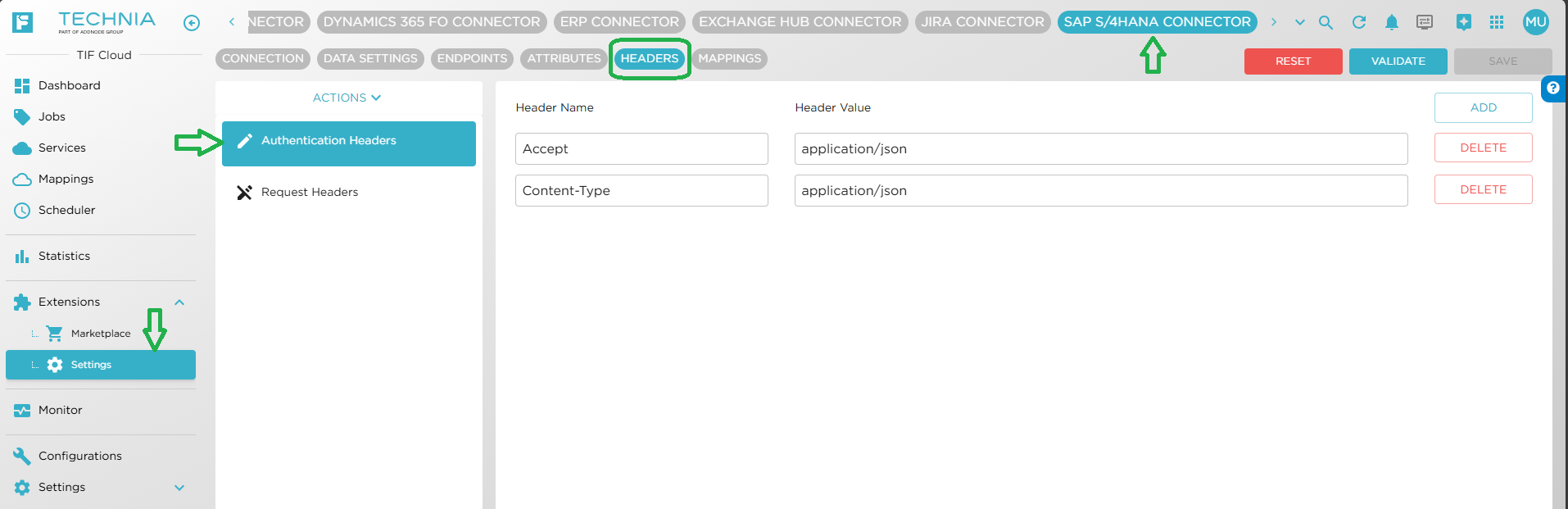 SAP S4HANA Extension Settings AuthHeaders